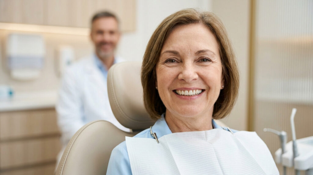 Happy mature woman smiling in dental chair with dentist blurred in background